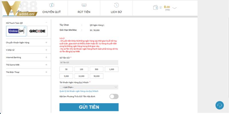 Nạp tiền W88 qua mã QR