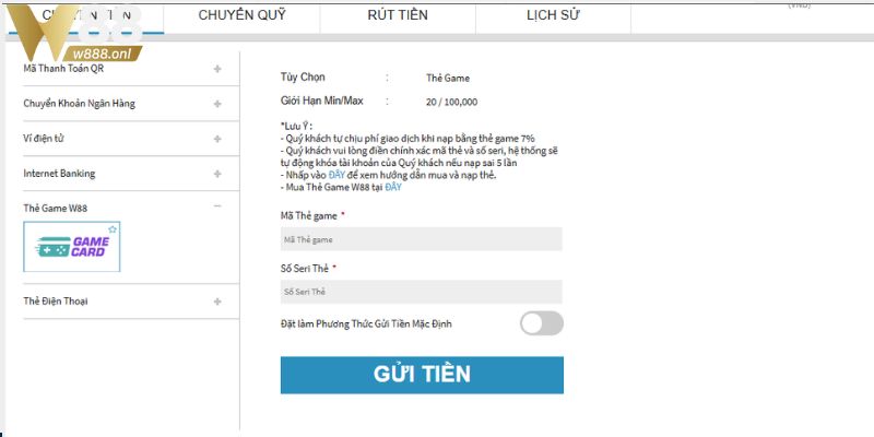 Chi tiết cách nạp tiền W88 qua thể game